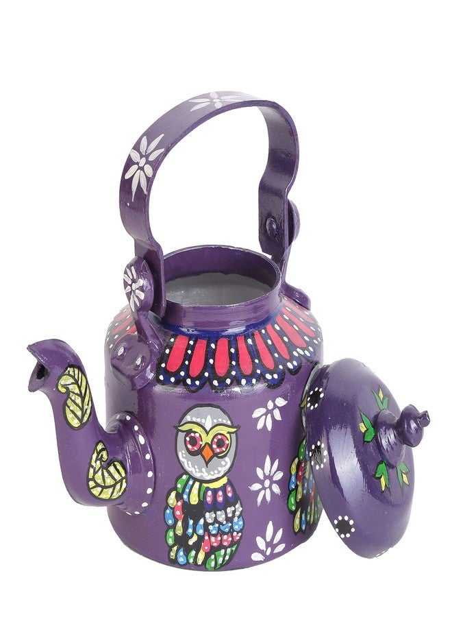 Indha Hand-Painted Aluminium Decorative Kettle | Owl Art Design | Violet Theme | Multicolor Ethnic Home Décor | Handmade Table Showpiece | Gift Item | 1 Litre - Image 4